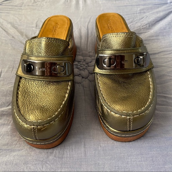 SOLD! Coach Adrienne Leather Wood Clog Mules 💚 - Picture 3 of 13